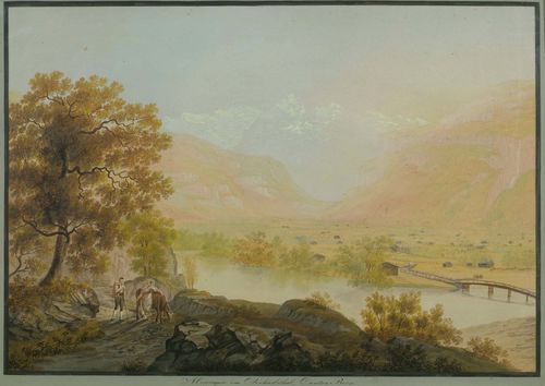 BLEULER, JOHANN HEINRICH (Zollikon 1787 - 1857 Feuerthalen).Meiringen im Oberhaslethal Canton Bern. Gouache, 51 x 70 cm. With a black brush outer line and grey-green gouached margins. Signed and dated lower left: fec. Johann Heinrich Bleuler fils, 1819. Old gold frame. Fully mounted on old mount. Slight even browning. Overall good condition.