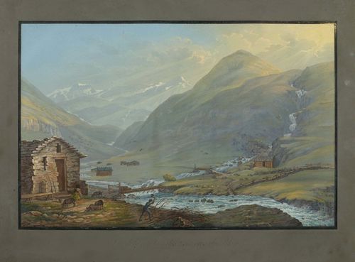 BLEULER, JOHANN LUDWIG (Feuerthalen 1792 - 1850 Schloss Lauffen).Vue de la jonction des 2. sources du Rhin par Louis Bleuler a Schafhouse. Gouache, 31,5 x 47,5 cm. With black pen outer line and grey gouached margins. Entitled and signed on lower edge of sheet in black pen. Gold frame. – The text very faded, with minor rubbing. Overall fine condition.