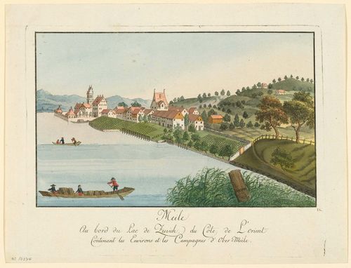 LAKE ZURICH - MEILEN.-Johannes Hofmeister (1721 Zurich 1806) and Heinrich Brupbacher (1758 Wädenswil 1835). Meile au bord du Lac de Zurich du Côte d' L'orient., Contenant les Environs de Ll'Eglise dessiné d'apres la Nature. Circa 1794. Etching with original colour. 16.5 x 25.8 cm. Numbered lower right in pen: 12. – From the first edition of the album: "Der Zurich-See mit allen seinen Angrenzungen in seiner Lage ..."- With a small tear on the lower margin to just over the plate edge. Otherwise in almost untouched condition with fresh colours. - Very rare.