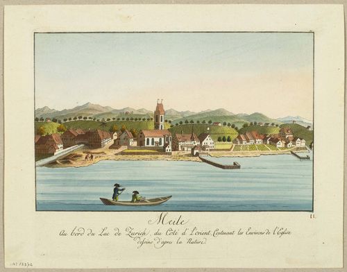 LAKE ZURICH - MEILEN.-Johannes Hofmeister (1721 Zurich 1806) and Heinrich Brupbacher (1758 Wädenswil 1835). Meile au bord du Lac de Zurich du Côte d' L'occident, Contenant les Environs de Ll'Eglise dessiné d'apres la Nature. Circa 1794. Etching with original colour. 16.5 x 25.8 cm. With engraved number in upper right margin: 10. Numbered in pen lower right: 11. - From the second edition of the album: "Der Zurich-See mit allen seinen Angrenzungen in seiner Lage ...". – Almost untouched condition with fresh colours. Very rare.