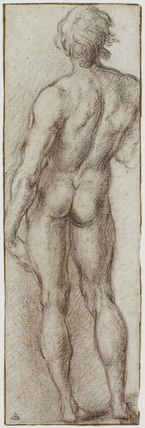 ITALIAN, 16TH CENTURY Standing male nude from the back. Black chalk. 26.3 x 8.4 cm. Framed. Provenance: - Collection of  Marquis de Lagoy (1764-1829), Lugt 1710