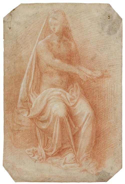 SCHOOL OF PARMA, 16TH CENTURY Seated woman gesturing and wearing a veil. Red chalk, heightened in white. 23.5 x 16.7 cm (the corners canted). Framed.