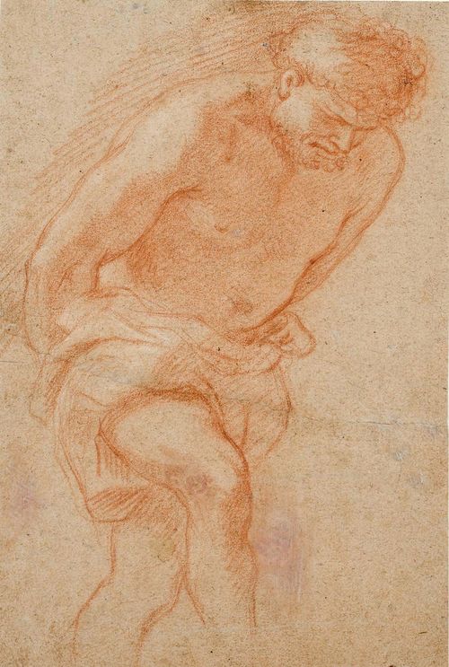 SCHOOL OF BOLOGNA, 1ST HALF OF THE 18TH CENTURY A man bound and striding forwards. Verso: Sketch for Jesus on the cross. Red chalk heightened in white. On grey paper. 37.5 x 18.5 cm. Framed.