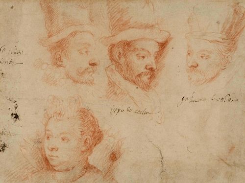 ITALIAN, 17TH CENTURY Study of four heads, one female. Red chalk. Old inscriptions in Italian within the image in brown pen. 14.7 x 20.2 cm.