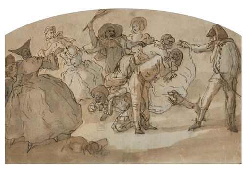 MARCOLA, MARCO (1740 Verona 1793) Carnival scene with the punishment of Pulcinella. Brown pen over black chalk, with brown and light blue wash, heightened with white. 33 x 52 cm. Framed.