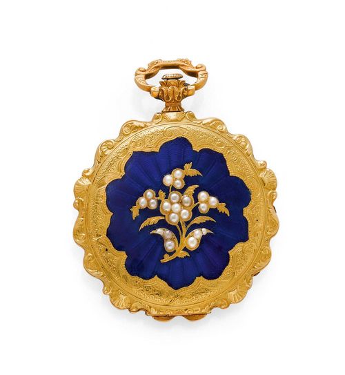 ENAMEL PENDANT WATCH, JEAN FRANCOIS BAUTTE, ca. 1820. Yellow gold, 25g. Fine, engine-turned, flat case No. 103248, the back with blue-enamelled floral motif, the border and pendant engraved with shell and volute motifs. Enamelled dial with gold-coloured hands, hairline cracks. Dust cover signed "Ja.Fs. Bautte a Genève ". Cylinder movement with key winder, resinified. D 37 mm. With case.