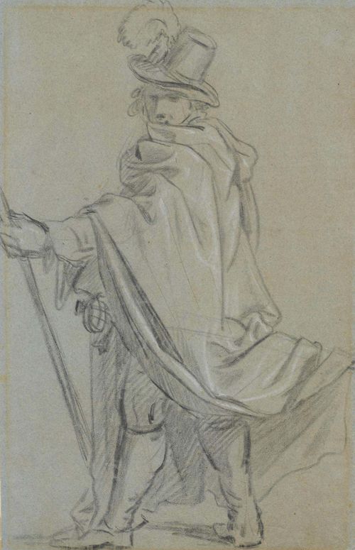 DUTCH SCHOOL, 17TH CENTURY Study of a cavalier with rapier. Black chalk heightened in white. On blue wove paper with watermark of crowned coat of arms with lions in shield. Inscribed verso: Fischer. 46 x 30 cm.
