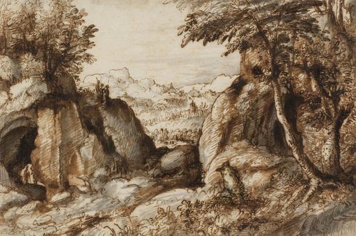 FLEMISH SCHOOL, 17TH CENTURY Wooded landscape with rocks and caves. Brown pen with grey wash. 17.7 x 26.2 cm. Framed. Provenance: Unidentified collector's stamp lower right