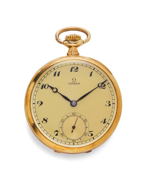 POCKET WATCH, OMEGA, ca. 1920. Yellow gold 585. Polished case No. 7607955. Back with dedication inside. Gold-coloured dial with Arabic numerals and blued Breguet hands, small second. Lever escapement No. 8278365, Cal. 38.5L.T1.17P with Breguet spring and bimetallic balance. D 46 mm.