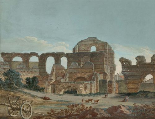 GONZALES, ANTOINE (1741 Bordeaux 1801) 1. Landscape with ruins and a cart 2. Landscape with ruins and a well. Gouache with opaque white. Each signed lower left: Gonzales; one sheet dated lower right: 1779. Each 36 x 47 cm (image). Framed as a pair.