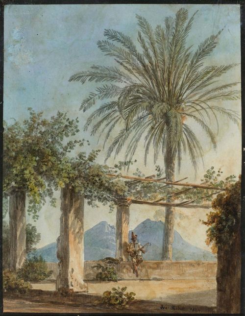 REBELL, JOSEF (Vienna 1787 - 1828 Dresden) Musicians under a palm tree on Capodimonte, with Vesuvius with smoke rising in the background. Black crayon with watercolour. Signed and dated on lower margin: Jos. Rebell 24. 16 x 12.5 cm. Framed.
