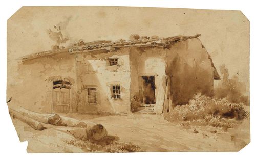 CALAME, ALEXANDRE (Vevey 1810 - 1864 Menton) Stable building. Brown pen with brown wash. Signed lower left: Alexandre Calame fc. 13.5 x 22 cm (the corners canted). Framed.