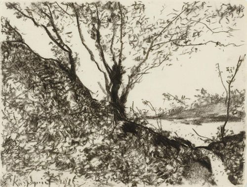 HARPIGNIES, HENRI JOSEPH (Valenciennes 1819 - 1916 St-Privé) Landscape with trees. Black chalk. Signed and dated lower left: Harpegnies 1915 (?). 22.2 x 29 cm. Framed.