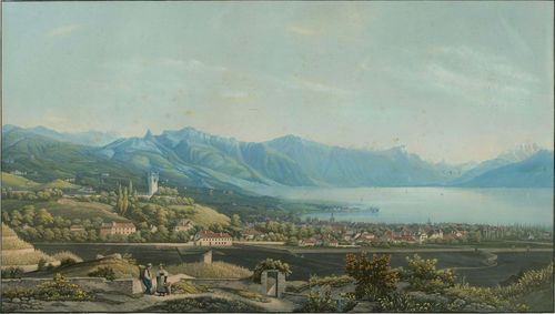 VEVEY.-Himely after Jean-Baptiste Dubois (1789-1849). Vevey et le Fond du Lac,/ entrée du Rhône Dans le Lac du Genéve. Aquatint etching with original colour, 34.2 x 59 cm. Partly heightened with egg white. Gold frame. - Cut as far as image. Outer line in black pen. Slightly foxed and slightly browned in upper section. Overall good condition.
