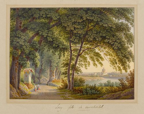 LORY, GABRIEL MATHIAS (LORY FILS) (1784 Bern 1846)Landscape with nuns praying at a shrine. Watercolour, 16 x 21.8 cm. Signed lower left: G.Lory fils. Old mount. Inscribed on mount in brown pen: Lory fils de Neuchatel.