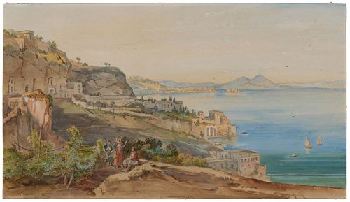 ITALY - NAPLES.-Achille Vianelli (Naples 1803 - 1894 Benevento). View of the Golf of Naples and Vesuvius with smoke rising. Watercolour and black crayon. 23.5 x 42.5 cm. Signed and dated lower left in pen: Vianelli (18) 83.