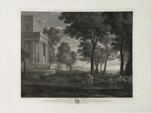 GMELIN, WILHELM FRIEDRICH (Badenweiler 1760 - 1820 Rome).Templum Veneris, 1805. Engraving after Claude Lorrain. 55 x 67.5 cm. Andresen 2. - Splendid impression with full margins. The margins with minor foxing and scattered creases. The edges with scattered tiny tears. Overall good condition. - Very rare. - From the collection of Conrad Baumann zu Tischendorf (2nd half of the 19th century).