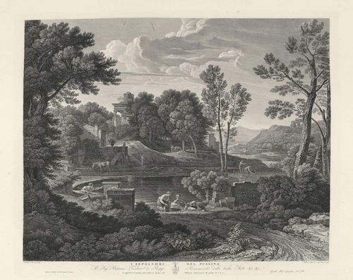 GMELIN, WILHELM FRIEDRICH (Badenweiler 1760 - 1820 Rome).I sepolchri del Pussino, 1814. Engraving after Gaspard Poussin. 47.5 x 59 cm. Nagler V II, 244. - Splendid impression with full margins. Margins with minor foxing, the left margin with tear (ca. 4 cm). Scattered tiny tears. Overall good condition. - Very rare. - From the collection of Conrad Baumann zu Tischendort (2nd half of the 19th century).