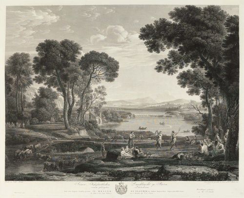 GMELIN, WILHELM FRIEDRICH ( Badenweiler 1760 - 1820 Rome).Il Molino di Claudio, 1804. Engraving after Claude Lorrain. 56 x 68 cm. Andresen 1, Nagler V/2, 244. - Splendid impression with full margins. The margins slightly foxed, the edges slightly distressed. Overall good condition. - Very rare. - From the collection ofConrad Baumann zu Tischendorf (2nd half of the 19th century.).