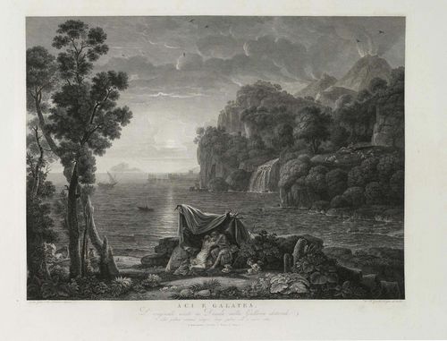 GMELIN, WILHELM FRIEDRICH ( Badenweiler 1760- 1820 Rome).Acis e Galatea, 1816. Etching after Claude Lorrain. 49 x 60.5 cm. Andresen 3. - Splendid print with full margins. Margins somewhat foxed. The lower edge of the sheet somewhat creased, the lower left corner with fold crease. Overall good condition. From the collection of Conrad Baumann v. Tischendorf (2nd half of the 19th century.).