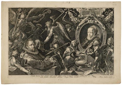 SADELER, AEGIDIUS II (Antwerp, circa 1570 - 1629 Prague).Bartholomäus Spranger and his wife Christina Müller, circa 1600. Copper engraving, 29.3 x 41.5 cm. Hollstein 332 II (of II). - Fine even impression with the address/name of Marco Sadeler. The margin (ca. 2.5 cm) around the clearly visible plate edge. Some old numbers written on the margin in black crayon. A few areas of insignificant finger soiling in the margins. Overall in very fine condition.