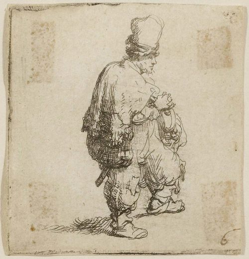REMBRANDT, HARMENSZ VAN RIJN (Leiden 1606 - 1669 Amsterdam).The organ grinder, 1635. Etching, 5.2 x 4.8 cm. Bartsch 140 (unique state); Nowell-Eusticke 140 I (of II, of the still uneven printing plate). Old numbering in brown pen lower right: 6. Framed. - Fine, clearly defined impression, with small margin around the plate edge on two sides. The upper edge partly with small margin, partly cut to the plate edge. The right side cut to the plate edge. Minor soiling and greying. Verso old mount, visible on all corners from the front. Very rare.