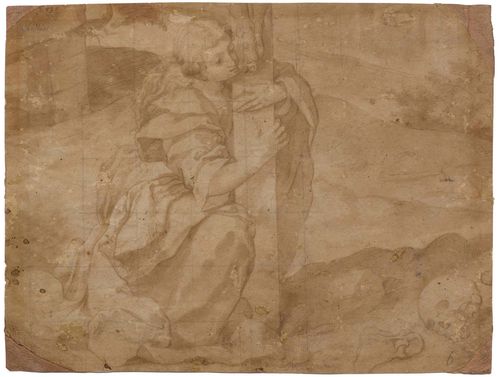 ROME, 16TH CENTURY Mary Magdalene grieving below the cross. Brown pen and brush over black crayon. Squared with black crayon. Numbered upper left in brown pen: 239. With an old (unidentified) inscription below in black crayon and numbered: 248. Numbered lower right:6. 20.5 x 27 cm. Framed.