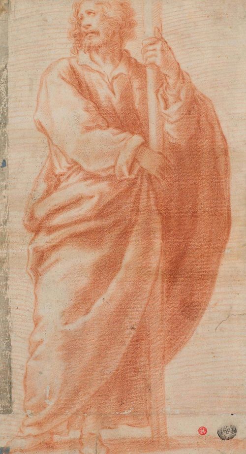 Circle of ROSELLI, MATTEO (1578 Florence 1650), Christ holding a staff. Verso: Study for an apotheosis. Red chalk. 41.7 x 22.6 cm. Provenance: - unidentified collector’s stamp - Collection of  Hugues Fontanet, Geneva, Lugt 4256