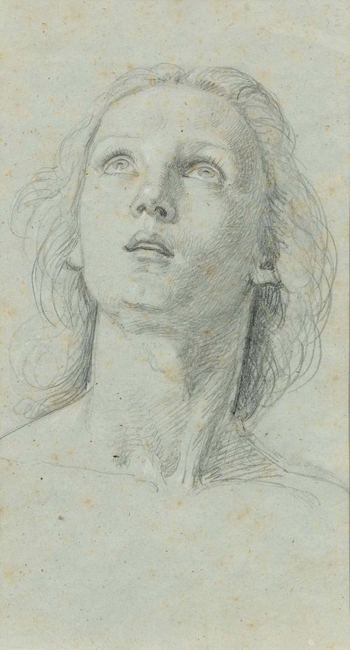 ITALIAN, CIRCA 1800 Portrait of a young woman, gazing upwards. Black crayon, heightened in white. On light grey paper. 30 x 19 cm. Framed.