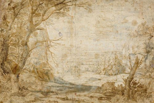 Attributed to CONINXLOO, GILLIS VAN (Anvers 1544 - 1607 Amsterdam). Forest landscape. Brown pen, with grey and grey-blue wash. 26.5 x 38 cm. Provenance: - Collection of  Paul Geneux, Geneva