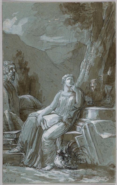 SAINT-OURS, JEAN-PIERRE (1752 Geneva 1809) Female figure personifying France, supported by the sciences, the arts and philosophy. Black crayon, grey and brown brush, heightened with white, on blue laid paper. Signed lower left in black crayon: St. Ours f. 38.3 x 24.3 cm. Provenance: - Collection of  de Saussure, Vevey - Collection of  Carmen Fontanet, Geneva, Lugt 3225