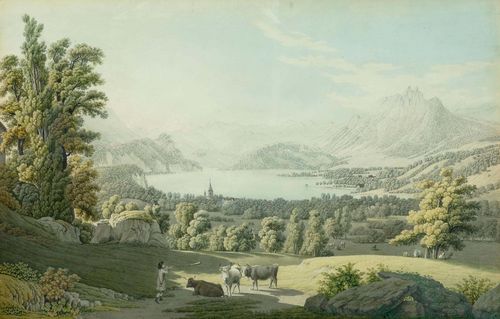 BIEDERMANN, JOHANN JAKOB (1763 Winterthur 1830).Vue de la Ville de Lucerne. Circa 1800. Peint d après nature par J.J. Biedermann, à Basle chez Birmann & Fils. Etching with original colour, 37.5 x 58 cm. Black pen outer line. Engraved title and inscription in lower sheet edge. In old gold frame of the period. The colours somewhat faded. Cut on three sides up to the outer line, the upper edge cut as far as the image, the lower edge with the text. Slightly browned and warped in the upper half of the picture. The outer edges slightly stale. Despite this, still in overall good condition. Rare.