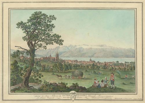 WEXELBERG, FRIEDRICH GEORG (Salzburg, circa 1745 - circa 1820).Engraved by Pierre- Samuel-Louis Joyeux (Tour de Peilz 1749 - circa 1818). La Ville de Lausanne dessinée depuis Beaulieu. Outline etching with original colour, 33 x 48 cm. With engraved title, dedication and signature in the edge of the sheet. Gold frame. With a broad margin. Some foxing. A minor tear in the upper right margin, reaching just into the image. Fresh colour and overall good condition. Rare. Provenance: Galerie Kempf, Zurich.