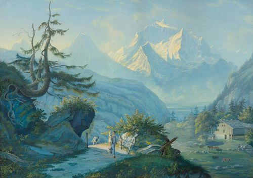 Attributed to BLEULER, JOHANN LUDWIG (Feuerthalen 1792 - 1850 Laufen-Uhwiesen).Jungfrau in Lauterbrunnen -Thal- Canton Bern. Watercolour and gouache, heightened with white. 33 x 45 cm. With a black pen outer line and grey gouached margins. Entitled in the margin in black pen. Framed. – The margins with minor rubbing and wear. The image is in near untouched condition with fresh colours. Very rare.