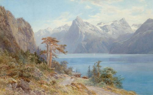 COMPTON, EDWARD THEODORE (Stoke Newington 1849 - 1921 Feldafing).View of Lake Lucerne. Watercolour, heightened with white. 66.5 x 106 cm (image). Signed, dated and inscribed lower left: C.T.Compton 1884 Op.CCCCLIII. Framed.