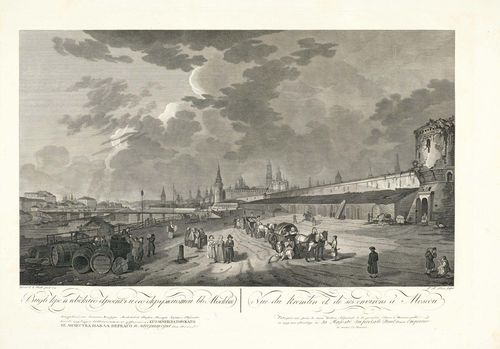 RUSSIA - MOSCOW.-F.B. Lorieux nach Guerard de la Barthe, 1796. Vue du Kremlin et de ses environs a Moscou. Engraving with etching, 48.5 x 72 cm. Entitled, inscribed and dated on lower edge of sheet in French and Russian. – Strong, clear, even impression with full margins. The upper margin with traces of old stapling. With scattered foxing and light traces of handling in the margins. Overall very fine condition.