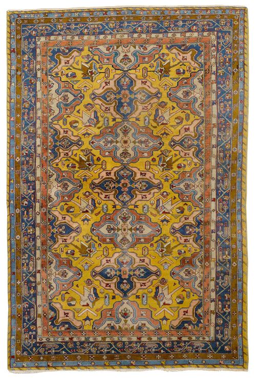 ARDEBIL old.Yellow central field with floral medallions, blue edging, signs of wear, 195x280 cm.