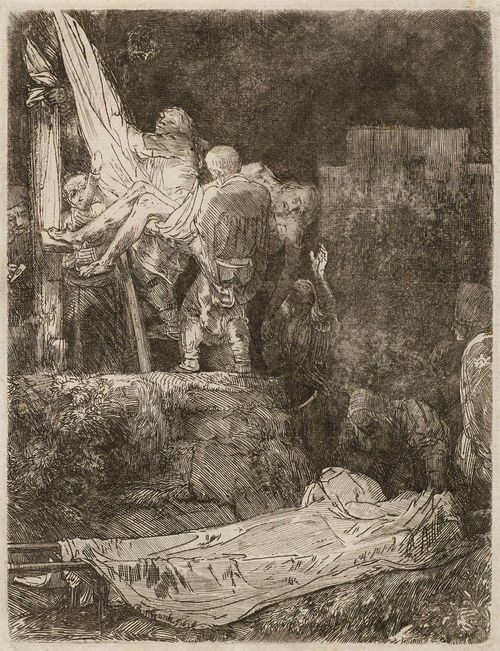 REMBRANDT, HARMENSZ VAN RIJN (Leiden 1606 - 1669 Amsterdam).The Deposition by torchlight, 1654. Etching, 21 x 16.2 cm. Bartsch 83; White/Boon (Hollstein) 83; Nowell-Usticke 83 II/III (of III with diagonal strokes in the heavens, but probably before the complete reworking of the plate). – Strong, mostly clear impression with narrow margin (0.4 to 0.5 mm) around the plate edge. Some stains in the upper right sky area. With inconspicuous restorations in the upper and lower left corners. One small thin area on the lower margin, only visible from the back. Overall good condition.