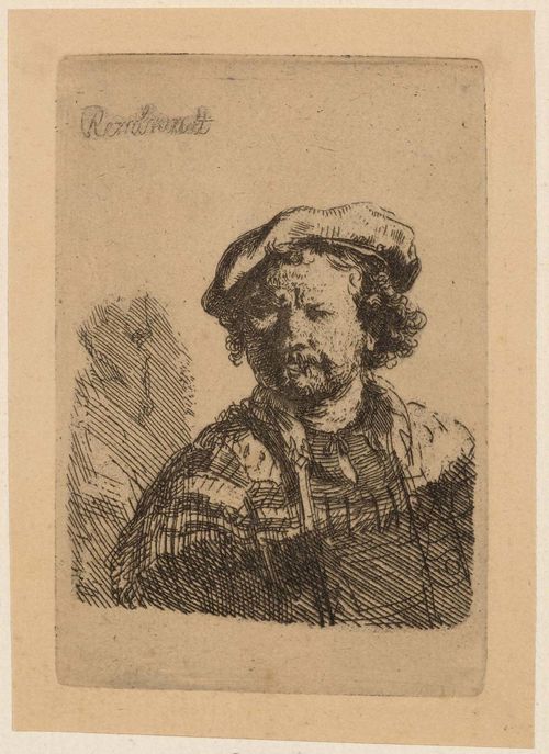 REMBRANDT, HARMENSZ VAN RIJN (Leiden 1606 - 1669 Amsterdam).Self-portrait with cap, circa 1638. Etching on brownish laid paper.  9.3 x 6.2 cm. Signed upper left in the plate. Bartsch 26; Seidlitz 26 III (of III). Nowell-Usticke 26 III (of III). – Strong, dark impression by Bernard or Beaumon. ca. 0.7 cm margin around the plate edge. Minor foxing in the lower part of the image. Overall good condition.