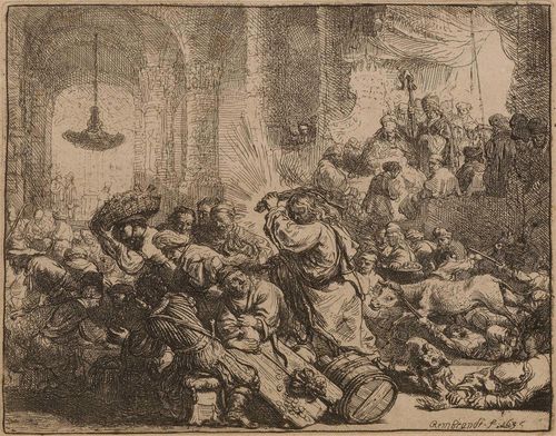 REMBRANDT, HARMENSZ VAN RIJN (Leiden 1606 - 1669 Amsterdam).Christ driving the traders from the temple 1635. Etching on laid paper with watermark (unidentified). 13.8 x 16.9 cm. Bartsch 69; White/Boon (Hollstein) 69 II, Nowell-Usticke 69 III. (of VII). With reworking of the marks over the left foot of the figure in the foreground, as with the marks on the shoe of the reclining man to the right). Framed. – excellent, deep black impression with narrow margin around the partly visible plate edge. Attached from behind to the passepartout. Some foxing. Overall in very fine condition.
