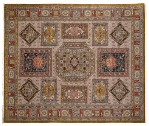 GHOM SILK.Central field finely patterned with depictions of colourful carpets, red edging, good condition, 290x390 cm.