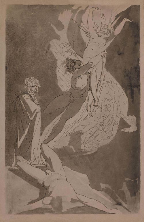 FÜSSLI, JOHANN HEINRICH (Zurich 1741 - 1825 Putney Hill b. London).Dante swooning before the soaring souls of Paolo and Francesca, 1818. Etching with aquatint, 47 x 30.1 cm (sheet size: 50.,2 x 33 cm). Weinglass 295. Barely legible inscription (signature) lower left : Fuseli KU(?, unidentified). Slightly dusty and creased on the margins. Scattered tiny tears in the margins. Old attachment on upper margin to backing board. Very rare. Also: Thomas Ryder after J.H. Füssli, before 1810. Shakespeare. A midsummer night’s dream. Etching, 45 x 60 cm. Bright, black impression without the lower text margin.