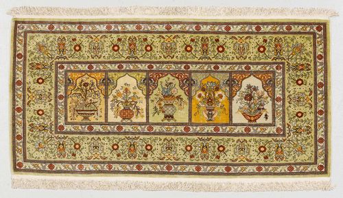 HEREKE SILK old.Narrow central field with five prayer niches, patterned with colourful vases, green edging with trailing flowers, 68x138 cm.