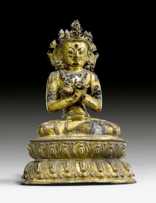 A GILT COPPER FIGURE OF VAJRADHARA. Tibet, 17th c. Height 15.5 cm. Needs cleaning.