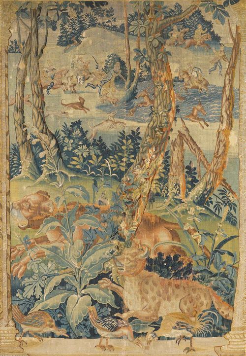 TAPESTRY, Renaissance, Oudenaarde circa 1600. Depiction of hunting scene in wooded landscape. Framed. H 232 cm, W 160 cm.