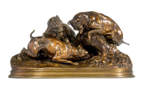 CHASSE AU LAPIN (GROUPE CHIENS AU TERRIER).Bronze finished in a reddish and dark patina, signed P.J. MÊNE. Workshop of Mêne-Cain (1879-1908). 38x16.5x20 cm.