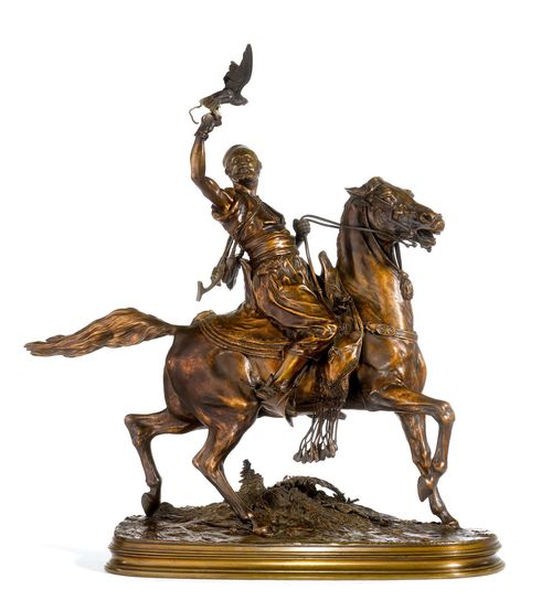 FAUCONNIER ARABE À CHEVAL.Bronze finished in a reddish and dark patina, signed P.J.MÊNE. Workshop of Mêne-Cain (1879-1908). 59.5x26x77 cm.