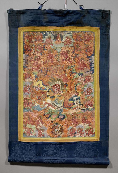 A THANKA OF DHARMAPALA BEGTSE. Tibet, 19th c. 73x50 cm. Mounted in brocade.