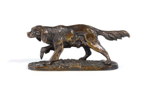 CHIEN ÉPAGNEUL ANGLAIS PUR-SANG (MIGNONNETTE).Dark bronze, signed P.J. MÊNE. Workshop of P.J. Mêne (1838-1879). 8.5x3.5x4.5 cm.