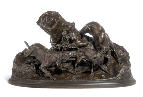 CHASSE AU RENARD (RENARD PRIS PAR DEUX CHIENS).Darkly patinated bronze, signed P.J. MÊNE 1849. Workshop of P.J. Mêne (1849-1879). 49x27.5x30.5 cm.